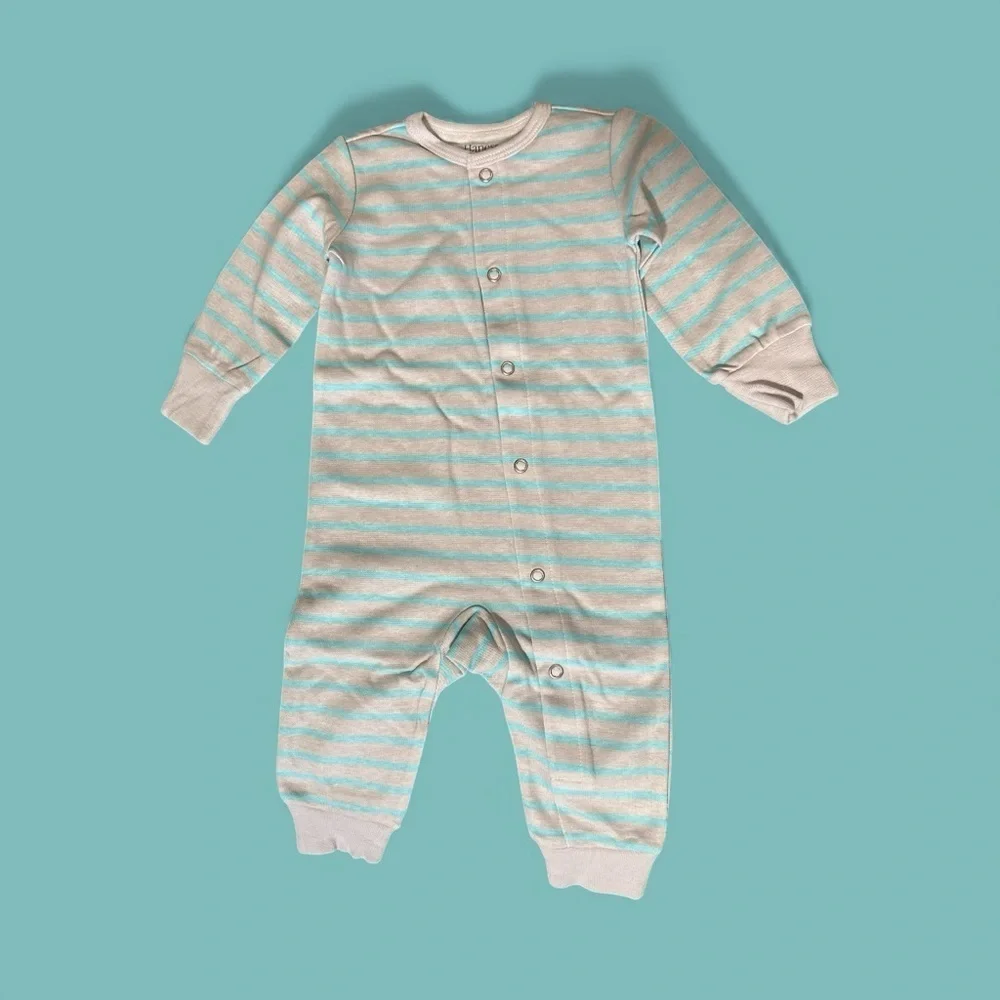 Hanes Baby Flexy 2-Pack Long Sleeve Rompers – Size 0–6M – Blue & Gray Stripe